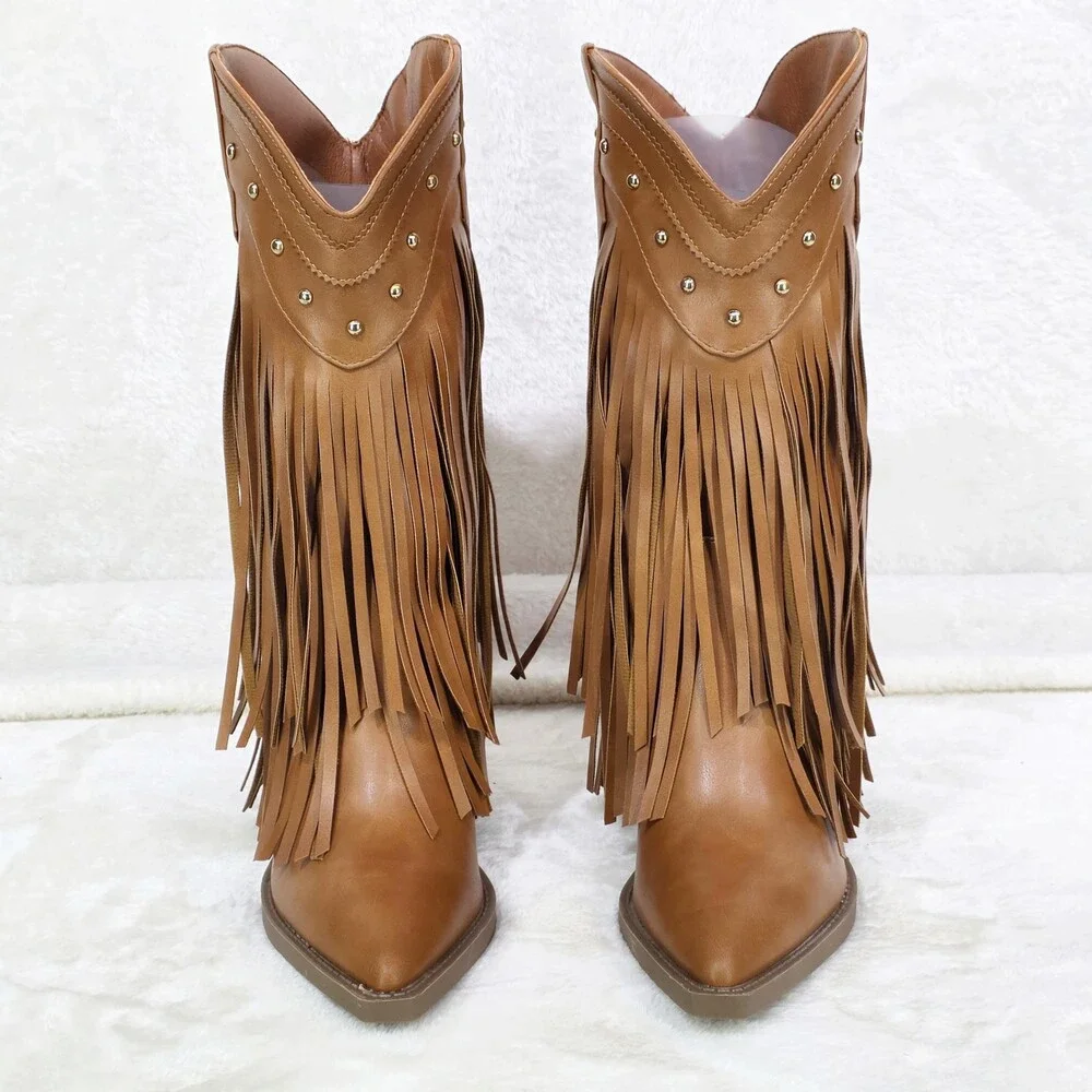 NIB Boundary Tan Faux Leather Layered Fringe Country Western Cowgirl Boots - Picture 7 of 8